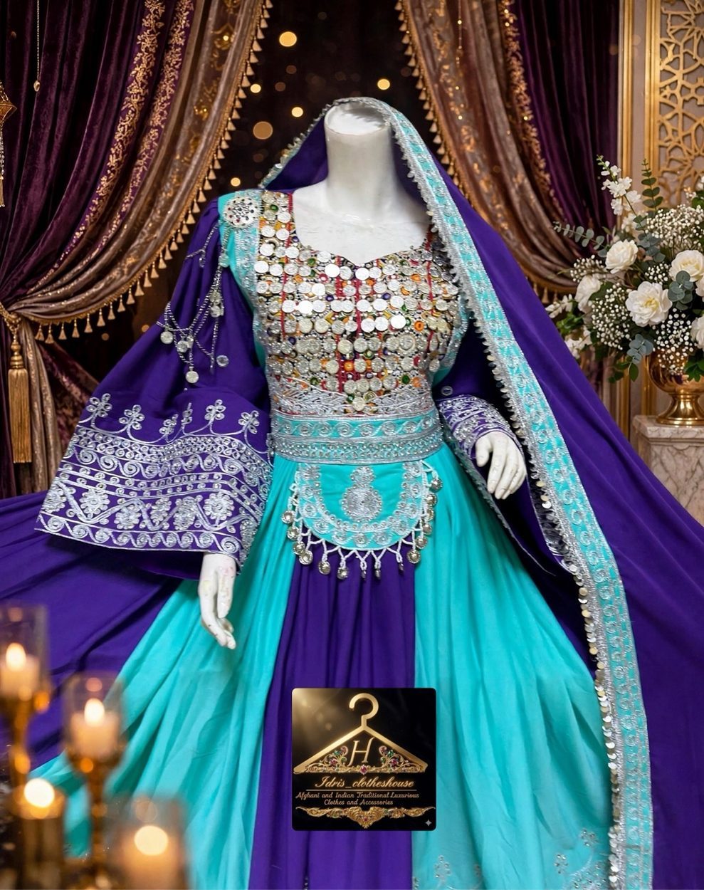 Turquoise and violet Afghan coin dress on a mannequin