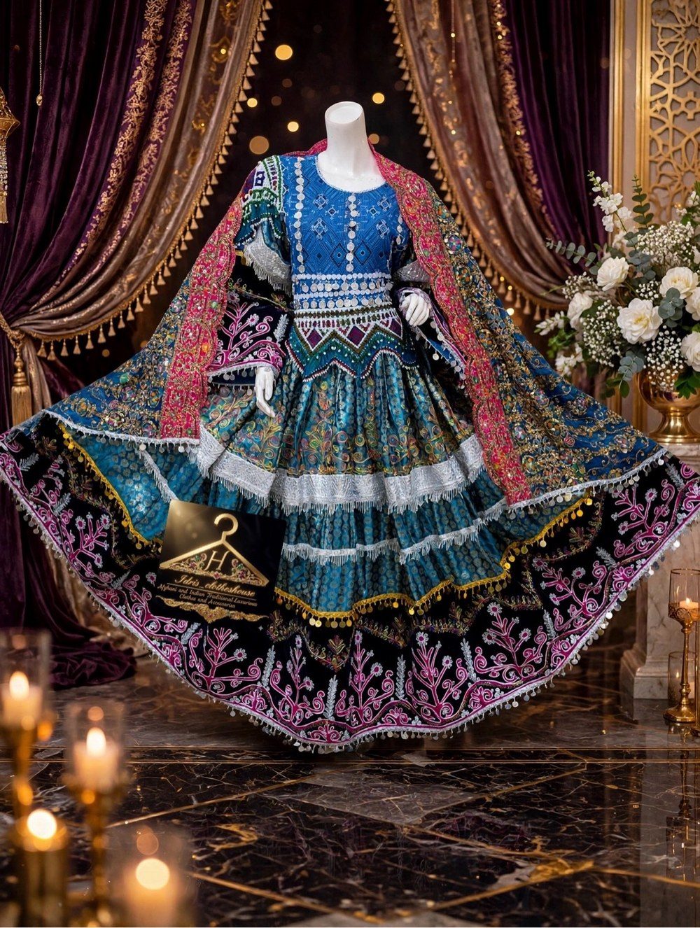 Blue and magenta Afghan signature dress with heavy embroidery, a tiered teal skirt, and a pink embroidered veil, on a mannequin at Idrisclotheshouse