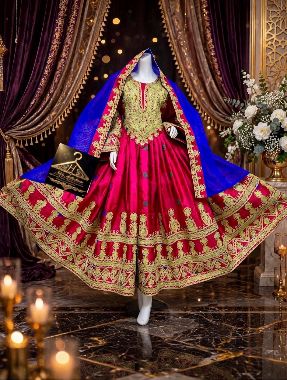 Magenta Afghan bridal dress with gold embroidery and a royal blue dupatta with gold border, on a mannequin