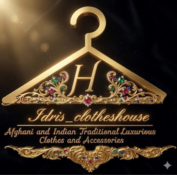 Idrisclotheshouse logo — gold hanger with jewelled details on black